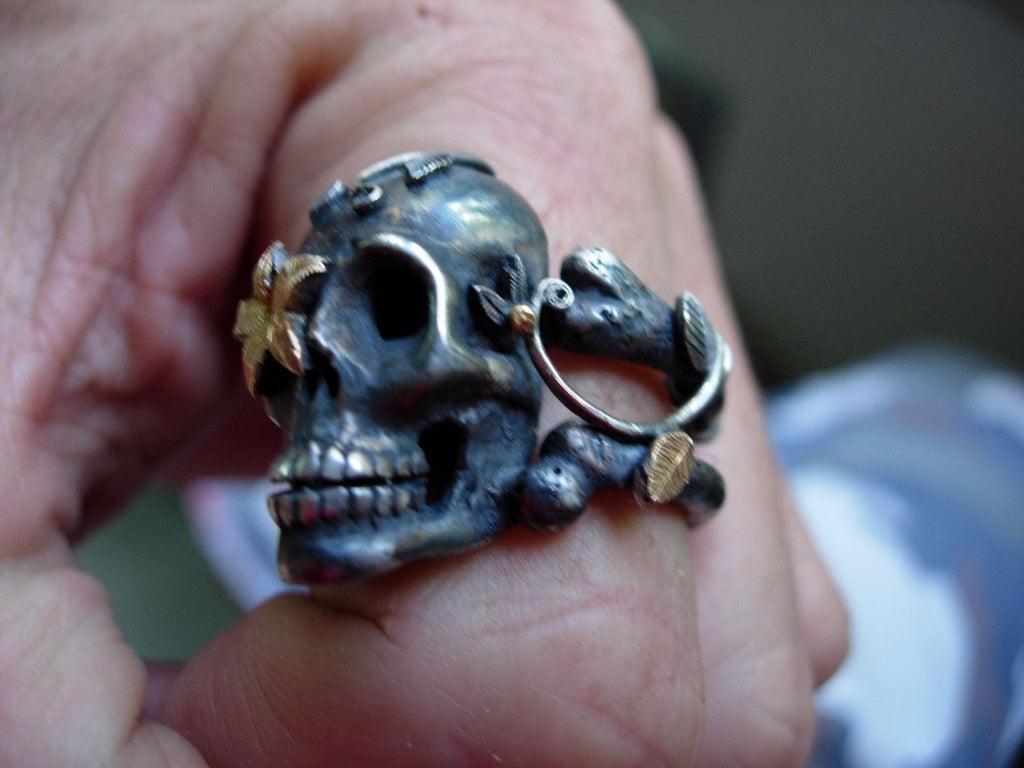 Sterling silver skull ring Sugar Skull 925 24k Gold Handmade LTD Pure Gold .999