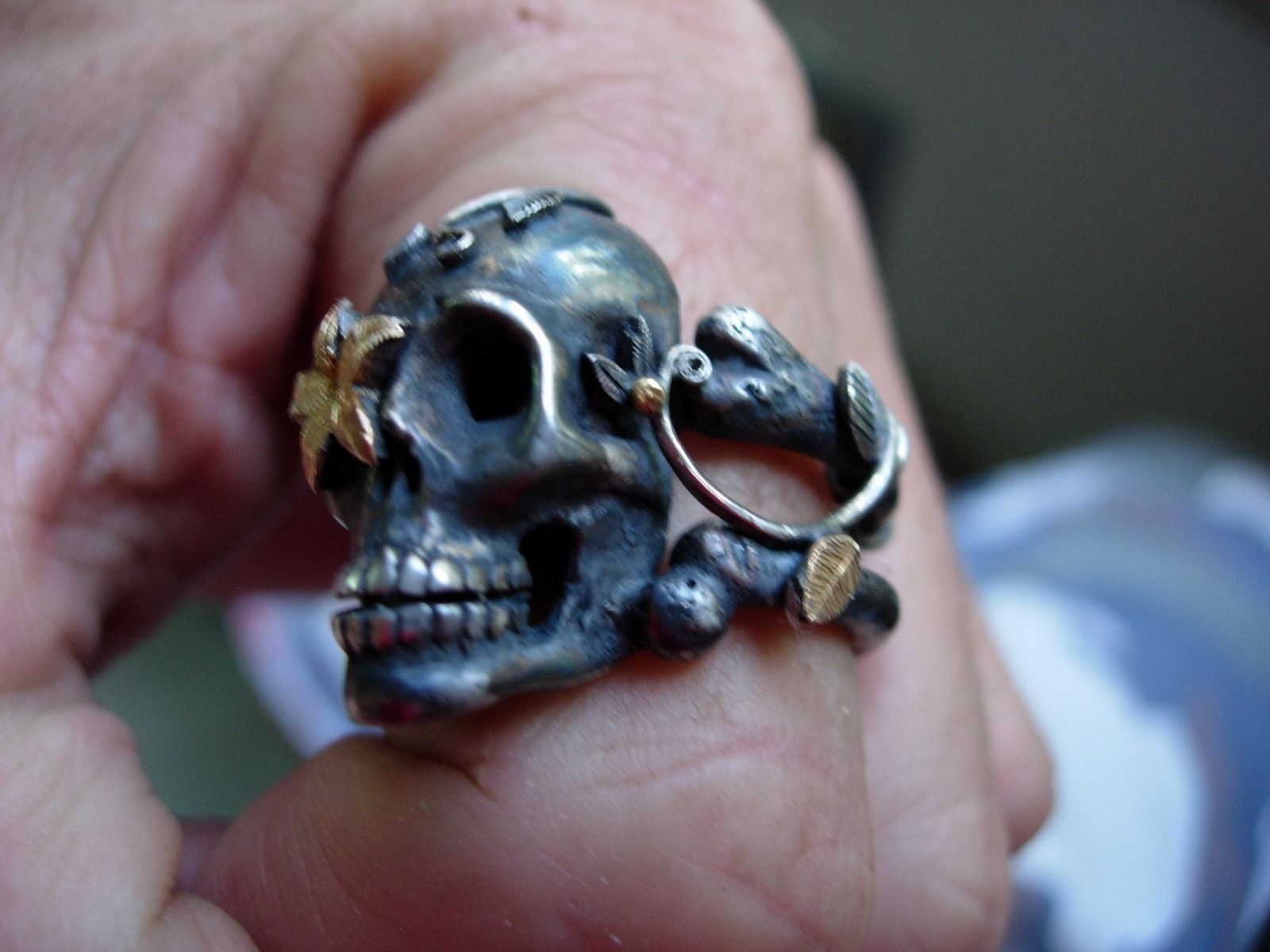Sterling silver skull ring Sugar Skull 925 24k Gold Handmade LTD Pure Gold .999