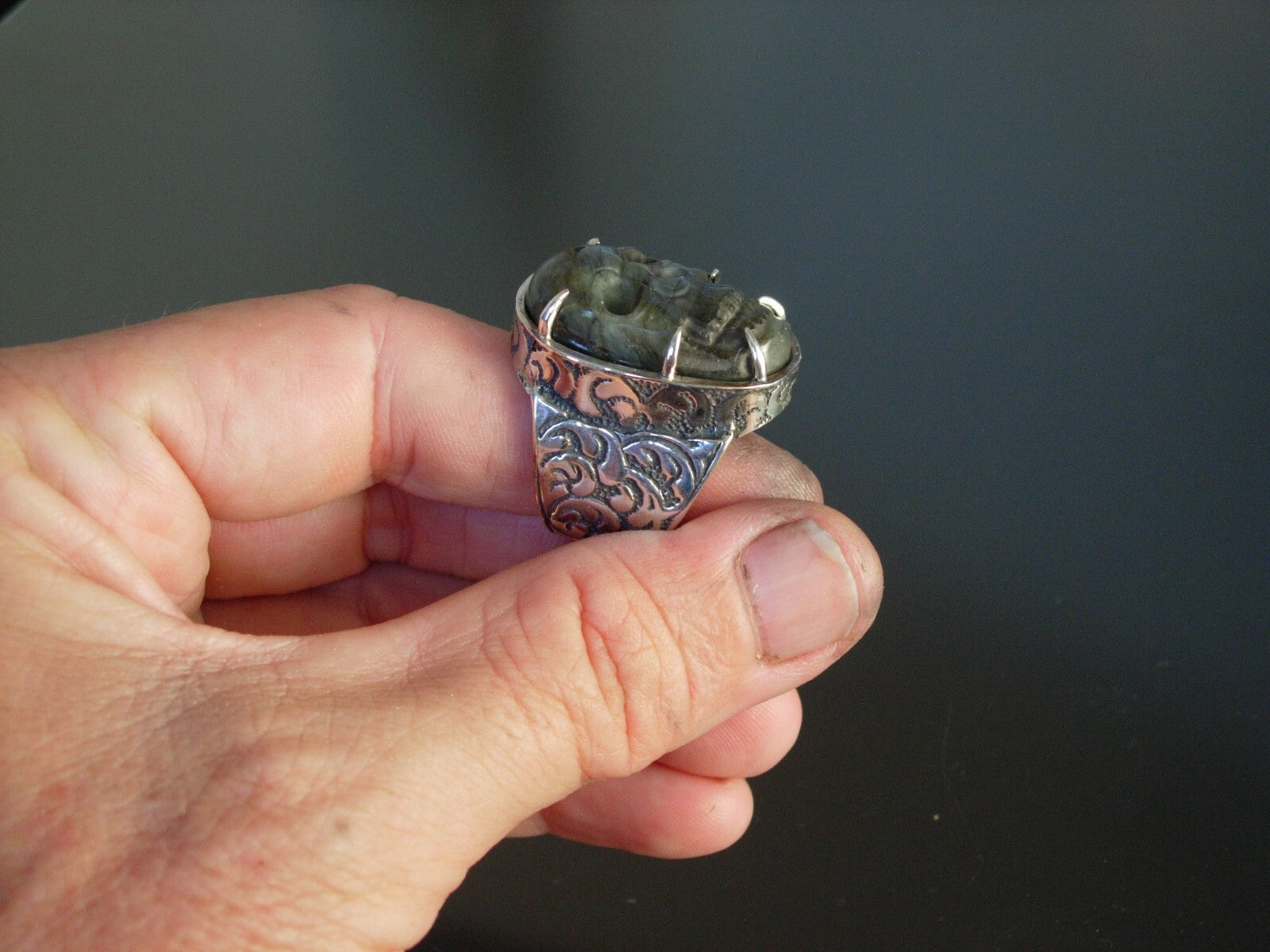 STERLING SILVER LABRADORITE SKULL RING EXTRA LARGE LABRADORITE RING  925