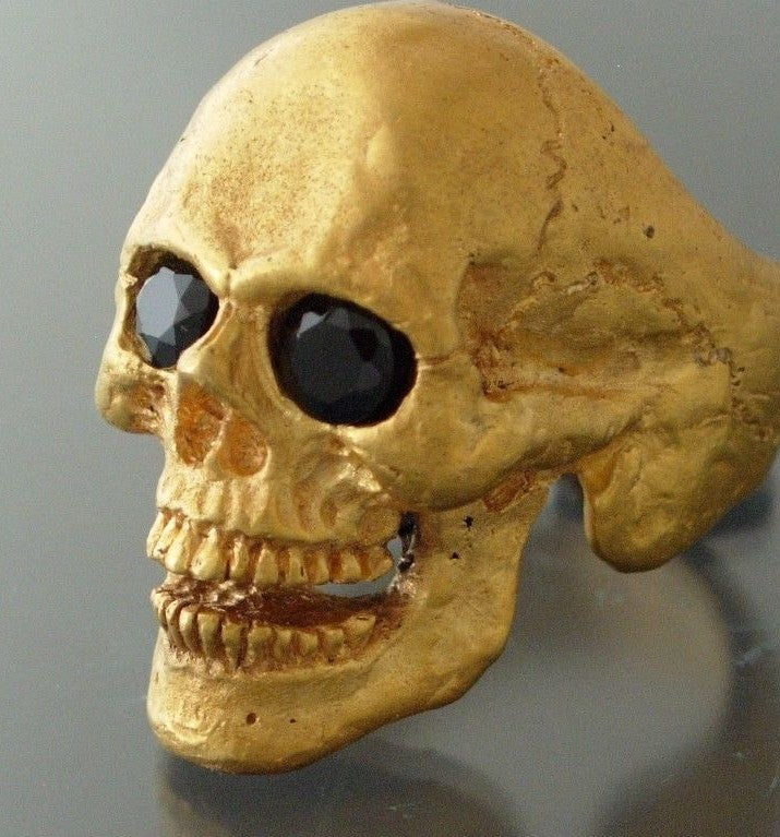 Golden Bronze Skull Ring Masonic skull ring Black Gem eyes handmade bronze