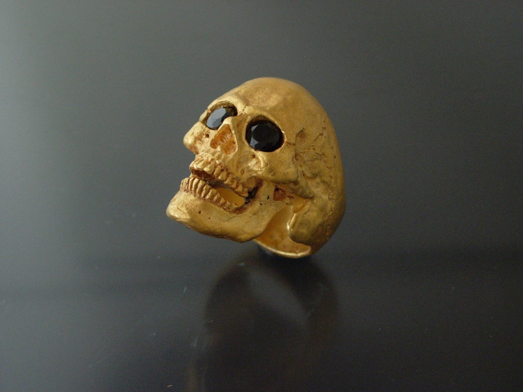 Golden Bronze Skull Ring Masonic skull ring Black Gem eyes handmade bronze