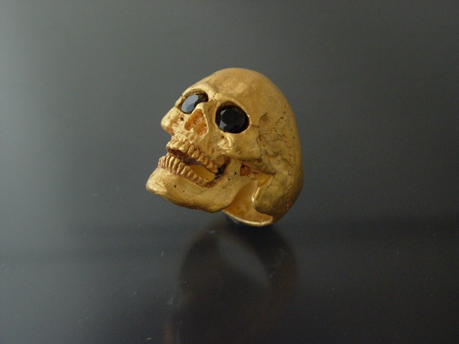 Golden Bronze Skull Ring Masonic skull ring Black Gem eyes handmade bronze