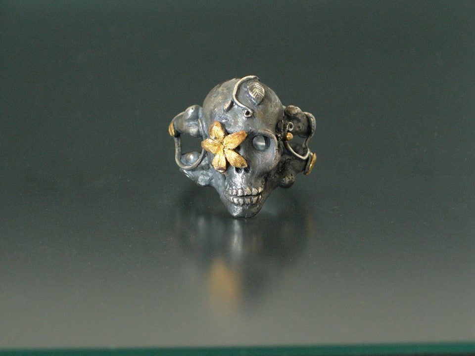 Sterling silver skull ring Sugar Skull 925 24k Gold Handmade LTD Pure Gold .999