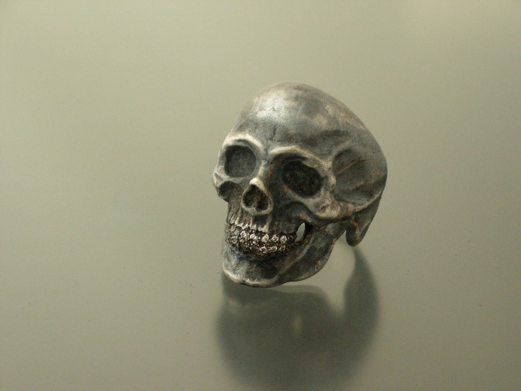 GIANT SKULL RING WITH DIAMOND TEETH SKULL RING MASONIC HANDMADE 925 ANATOMICAL 