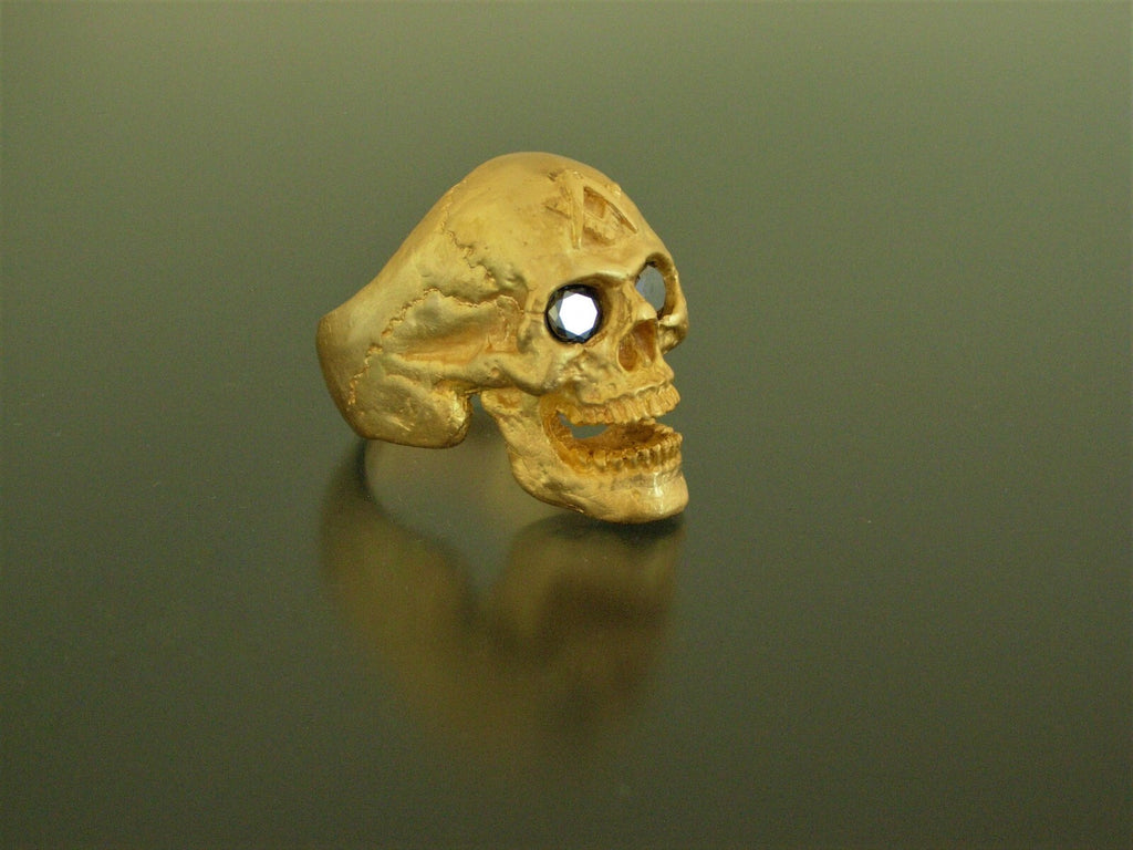 Golden Bronze Skull Ring Masonic skull ring Black Gem eyes handmade bronze