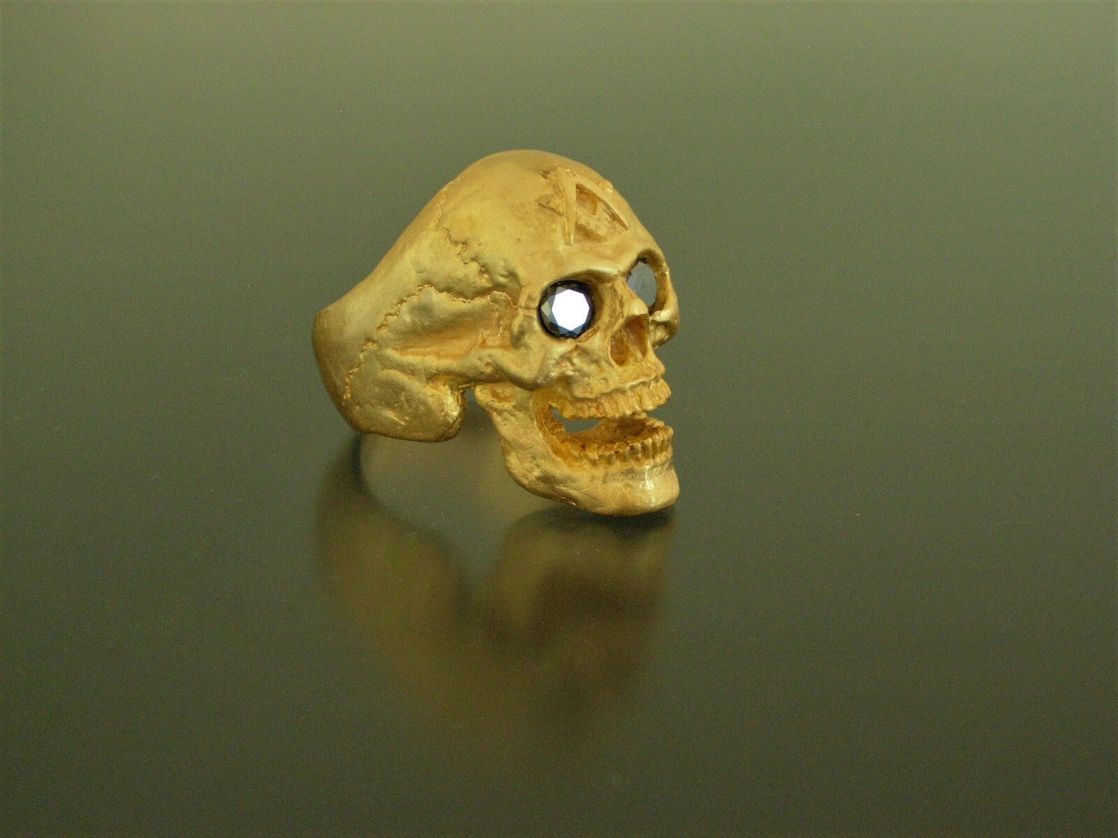 Golden Bronze Skull Ring Masonic skull ring Black Gem eyes handmade bronze