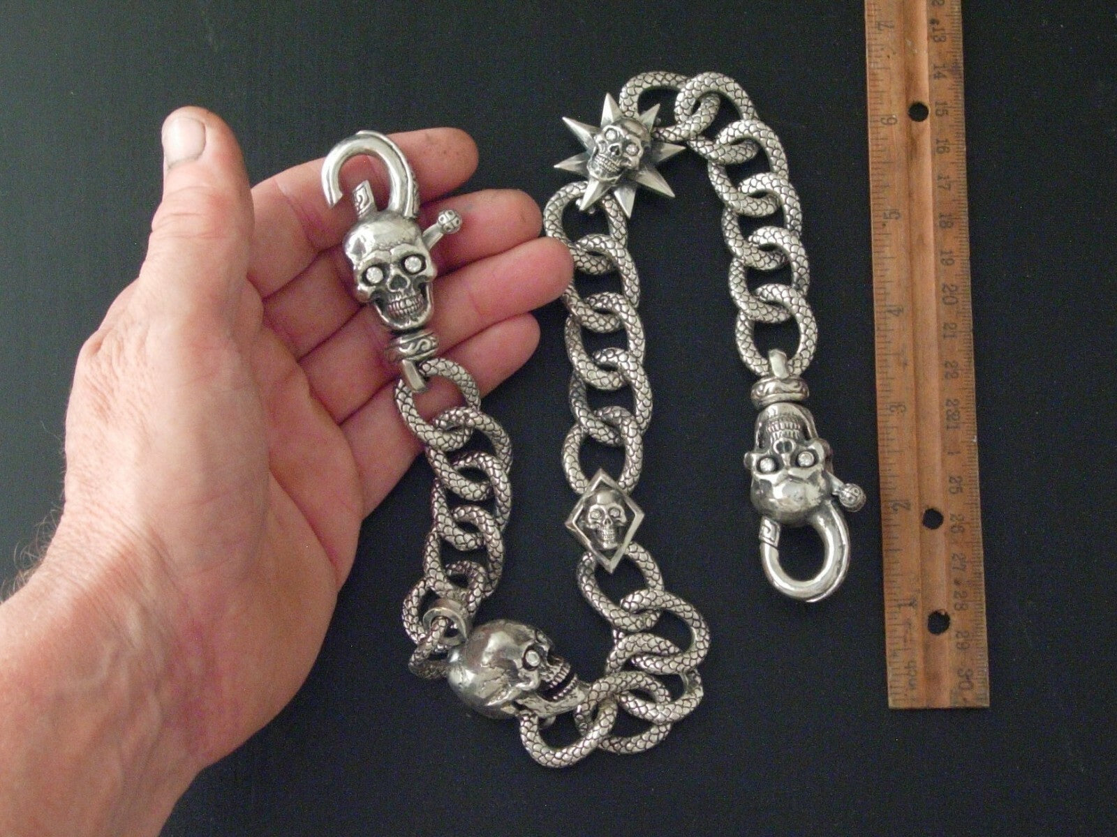 STERLING WALLET CHAIN MASSIVE DRAGON LINK CRAZY BEAST 480 GRAMS 1.60 DIAMONDS 