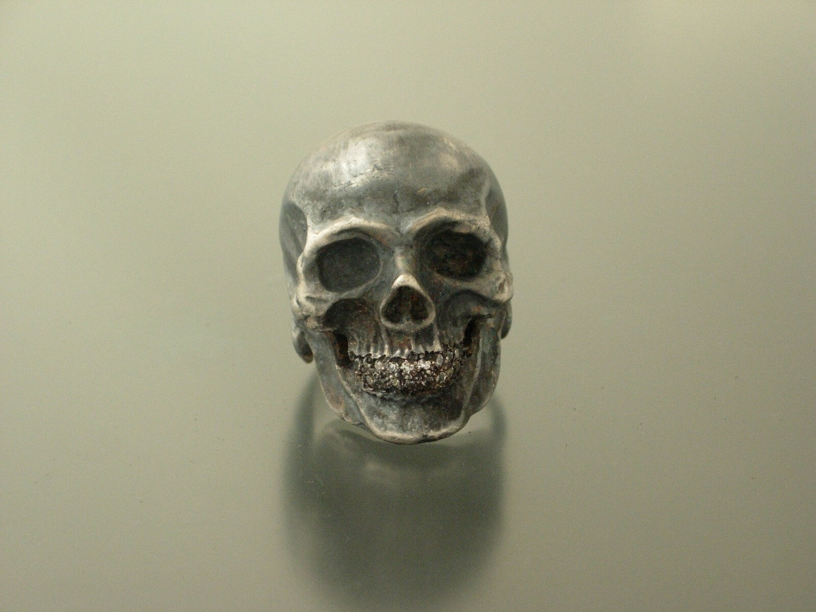 GIANT SKULL RING WITH DIAMOND TEETH SKULL RING MASONIC HANDMADE 925 ANATOMICAL 