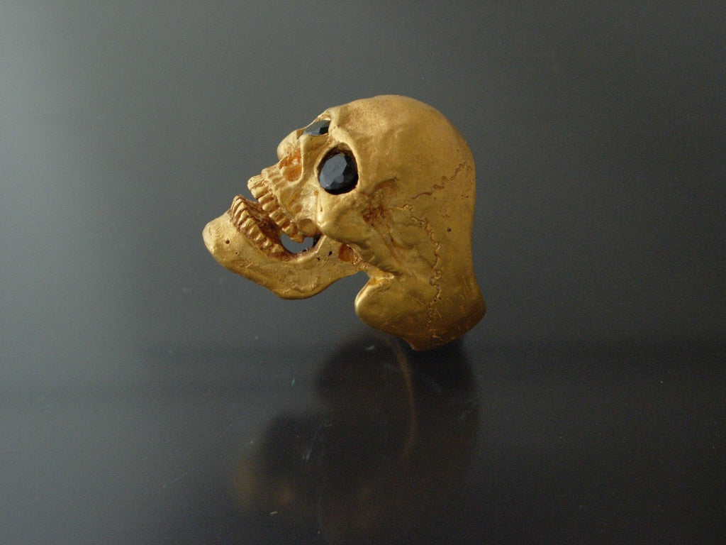 Golden Bronze Skull Ring Masonic skull ring Black Gem eyes handmade bronze