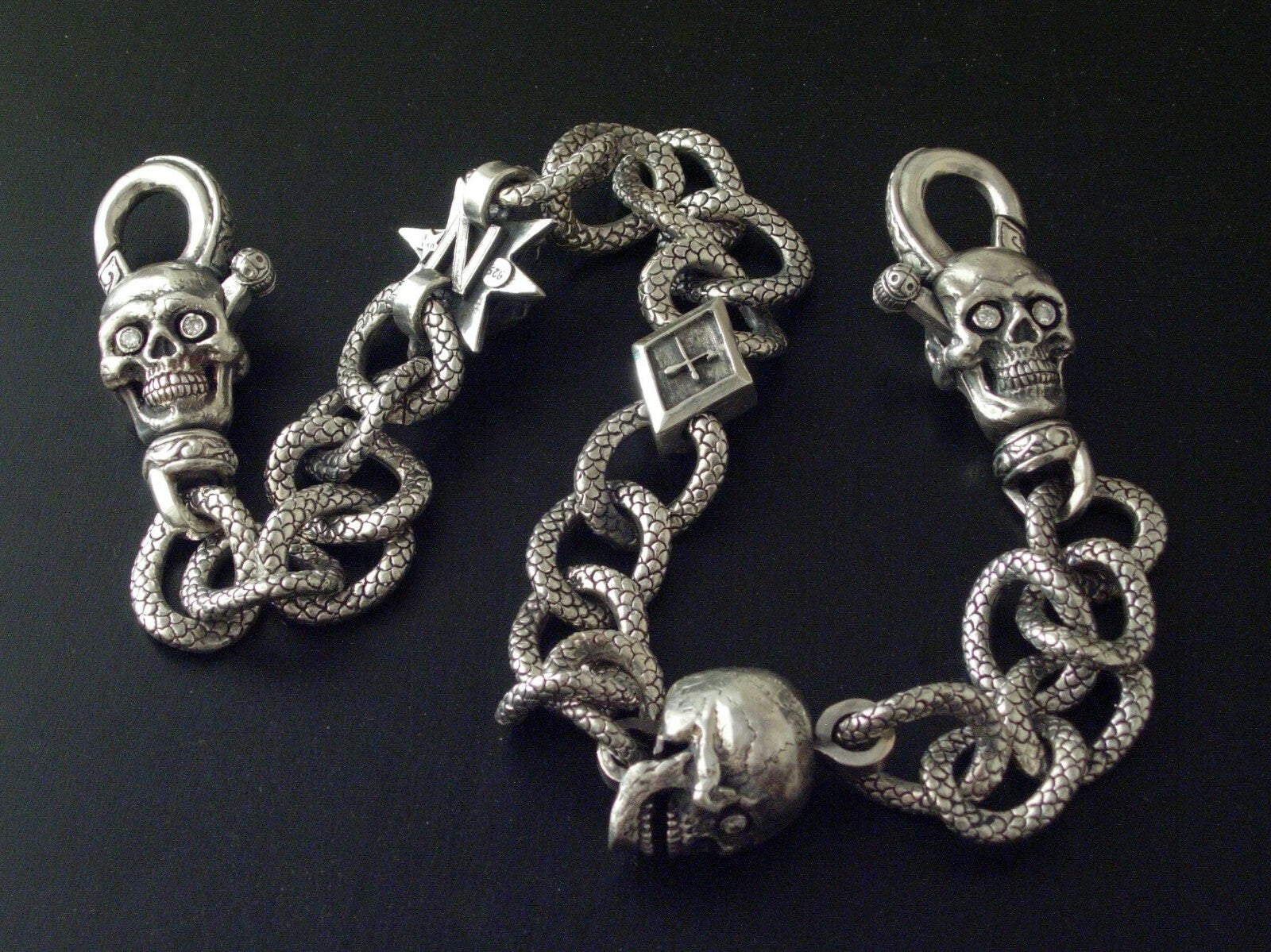 STERLING WALLET CHAIN MASSIVE DRAGON LINK CRAZY BEAST 480 GRAMS 1.60 DIAMONDS 