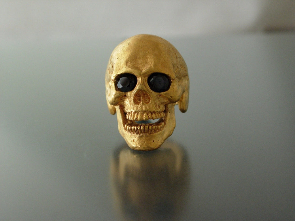 Golden Bronze Skull Ring Masonic skull ring Black Gem eyes handmade bronze