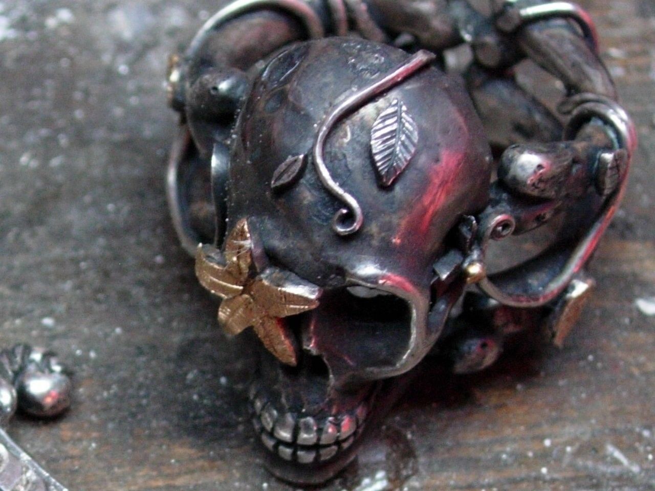 Sterling silver skull ring Sugar Skull 925 24k Gold Handmade LTD Pure Gold .999