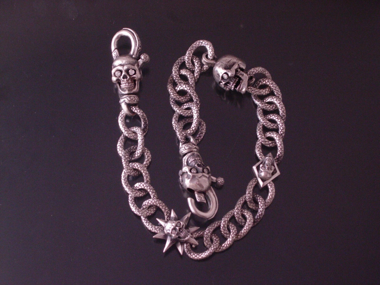 STERLING WALLET CHAIN MASSIVE DRAGON LINK CRAZY BEAST 480 GRAMS 1.60 DIAMONDS 