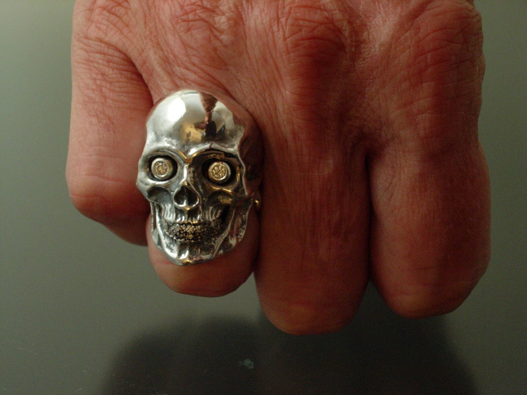GIANT SKULL RING WITH DIAMOND EYES &TEETH SKULL RING MASONIC  925 ANATOMICAL