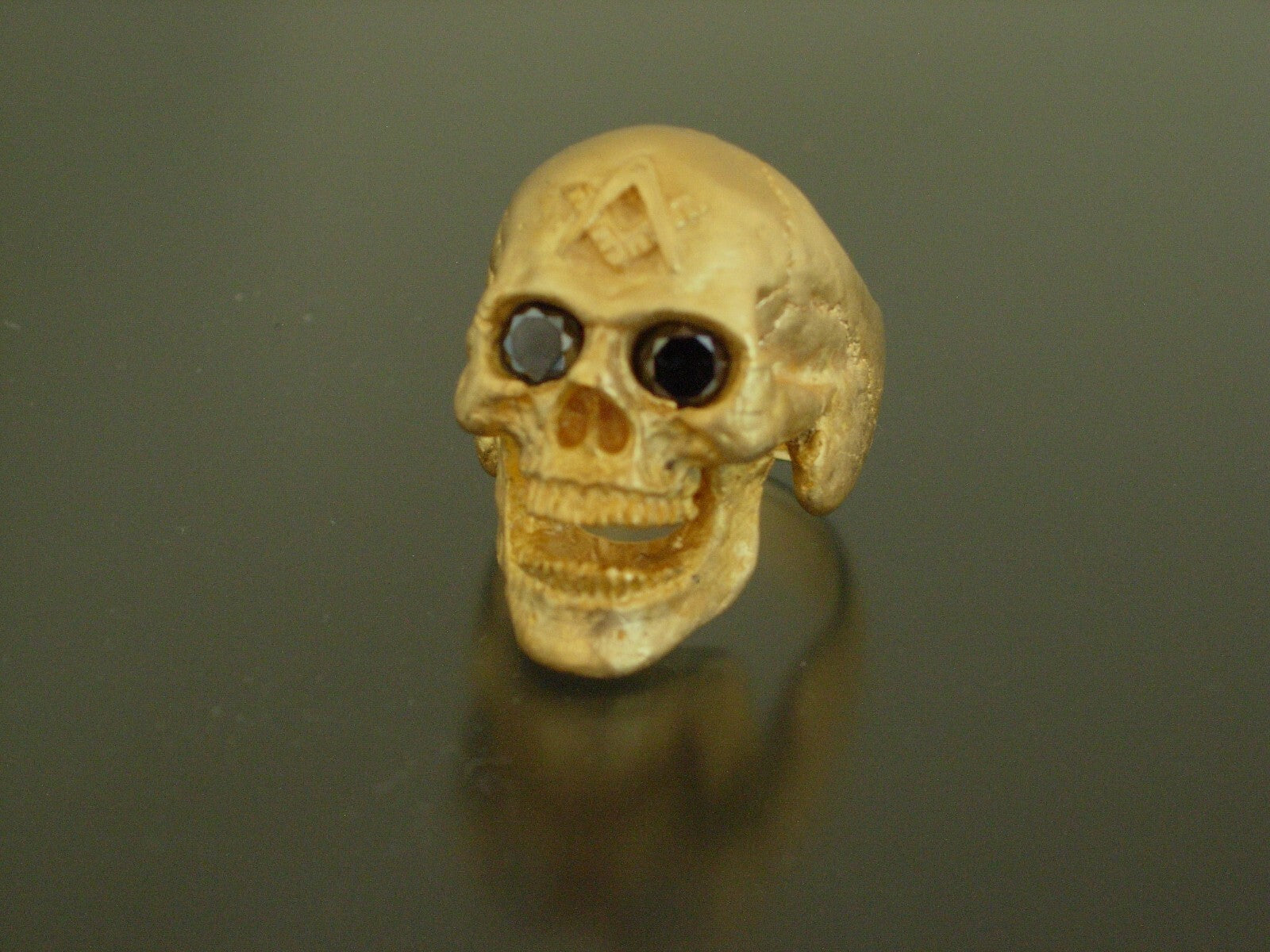 Golden Bronze Skull Ring Masonic skull ring Black Gem eyes handmade bronze
