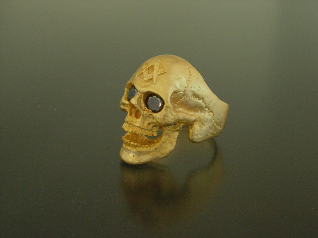 Golden Bronze Skull Ring Masonic skull ring Black Gem eyes handmade bronze