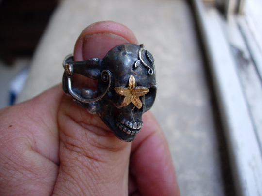 Sterling silver skull ring Sugar Skull 925 24k Gold Handmade LTD Pure Gold .999