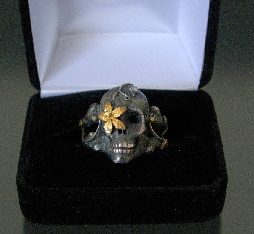 Sterling silver skull ring Sugar Skull 925 24k Gold Handmade LTD Pure Gold .999