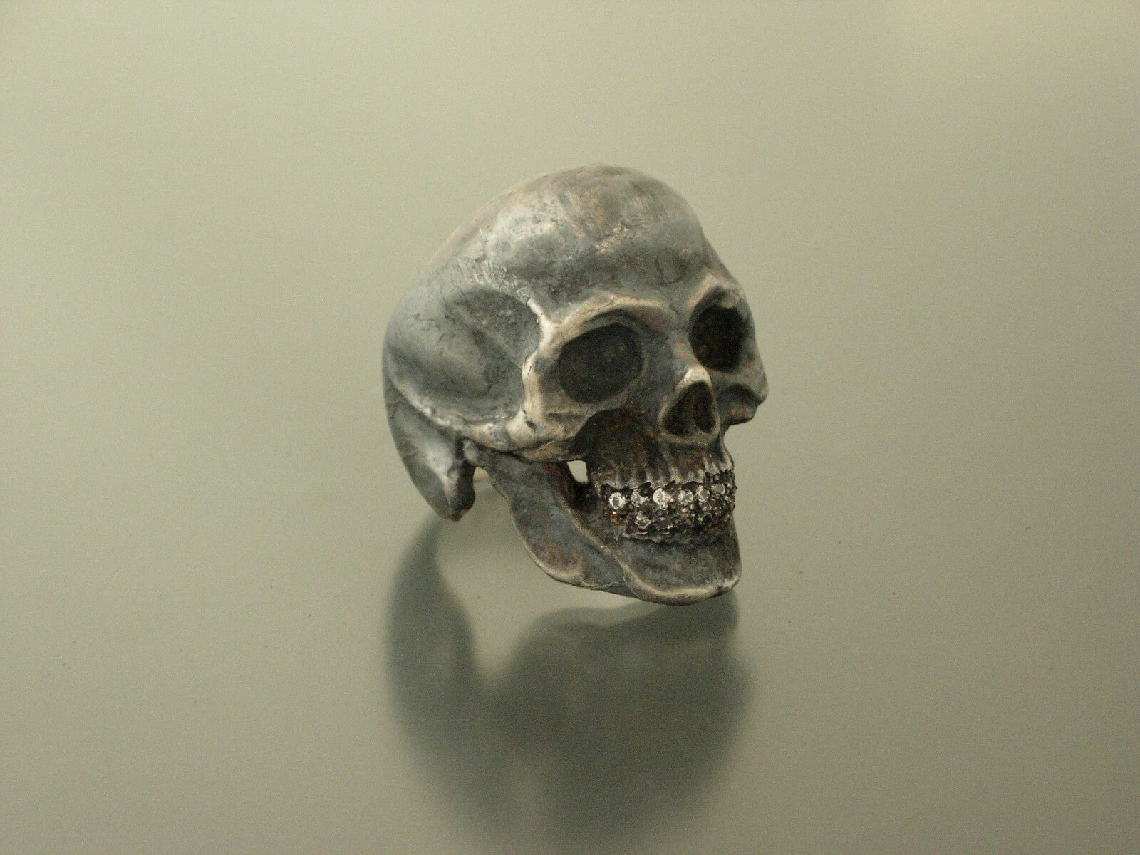 GIANT SKULL RING WITH DIAMOND TEETH SKULL RING MASONIC HANDMADE 925 ANATOMICAL 