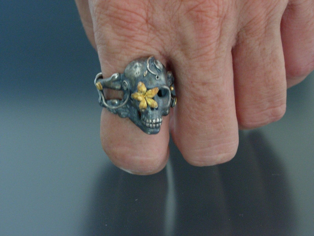 Sterling silver skull ring Sugar Skull 925 24k Gold Handmade LTD Pure Gold .999