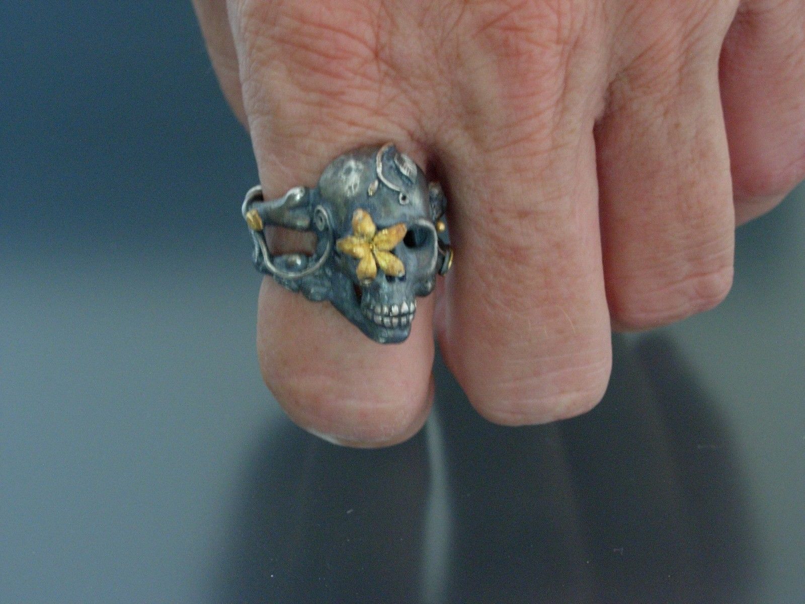 Sterling silver skull ring Sugar Skull 925 24k Gold Handmade LTD Pure Gold .999