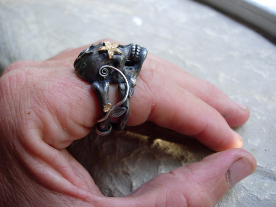 Sterling silver skull ring Sugar Skull 925 24k Gold Handmade LTD Pure Gold .999