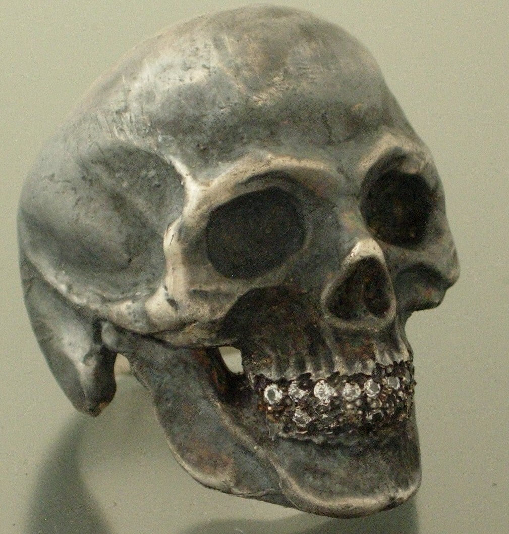 GIANT SKULL RING WITH DIAMOND TEETH SKULL RING MASONIC HANDMADE 925 ANATOMICAL 