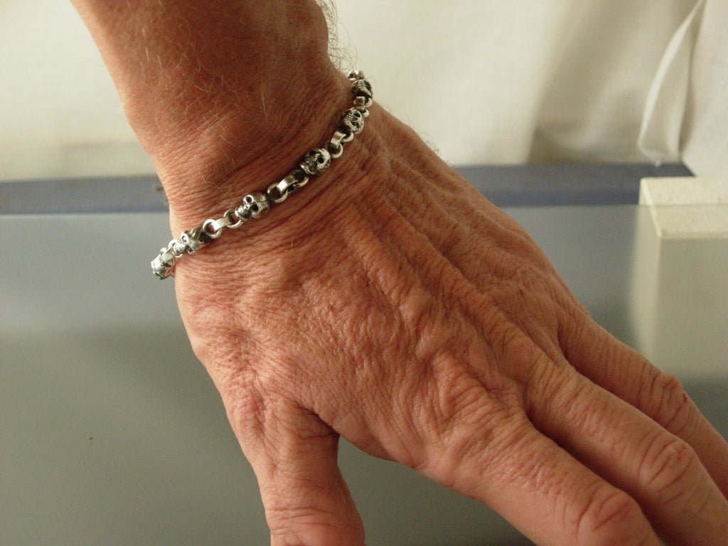 STERLING SILVER SKULL BRACELET  HEAVY SILVER NECKLACE HANDMADE USA 925 .