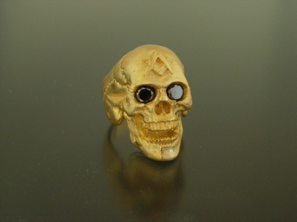 Golden Bronze Skull Ring Masonic skull ring Black Gem eyes handmade bronze