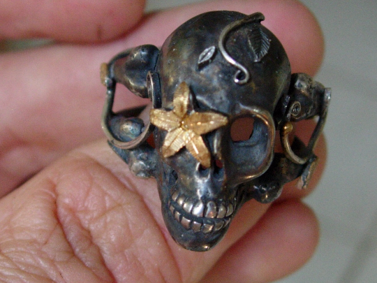 Sterling silver skull ring Sugar Skull 925 24k Gold Handmade LTD Pure Gold .999