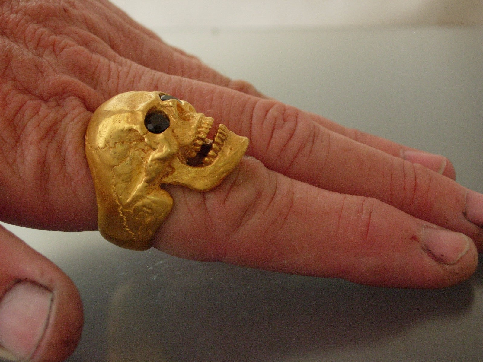 Golden Bronze Skull Ring Masonic skull ring Black Gem eyes handmade bronze