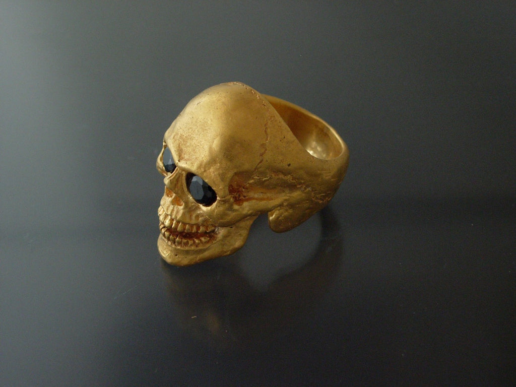 Golden Bronze Skull Ring Masonic skull ring Black Gem eyes handmade bronze