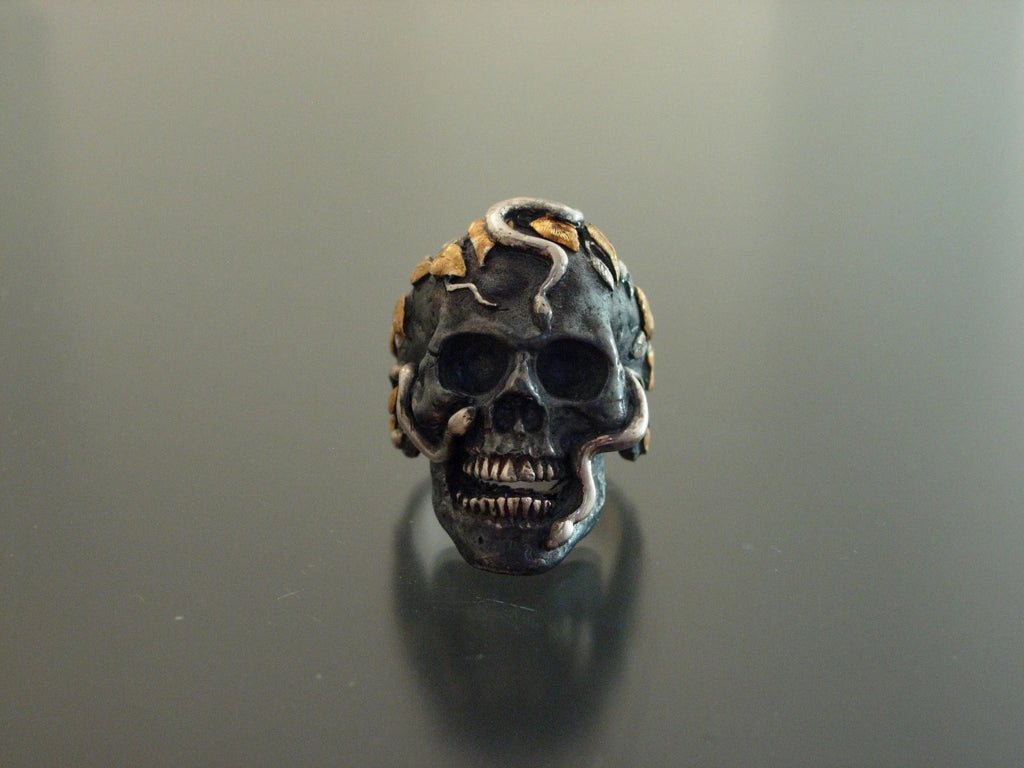 Silver and pure gold snake skull ring