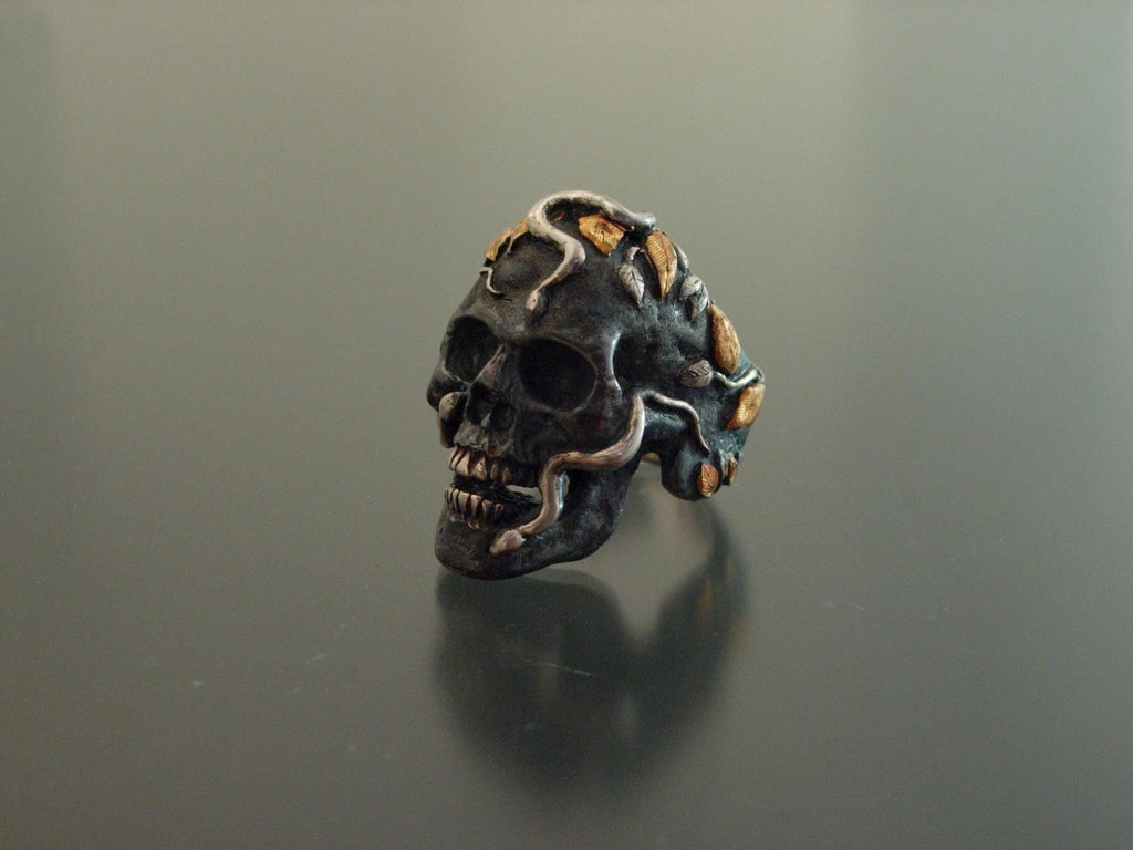Silver and pure gold snake skull ring