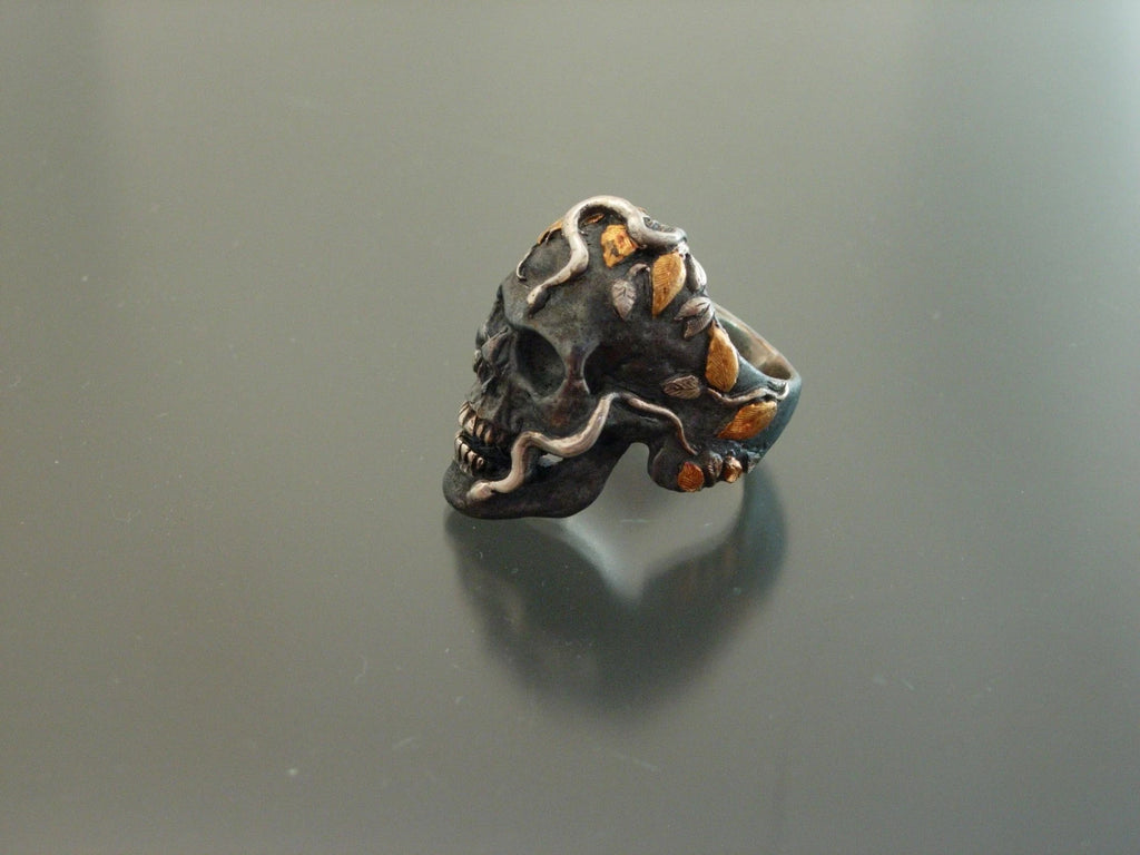 Silver and pure gold snake skull ring