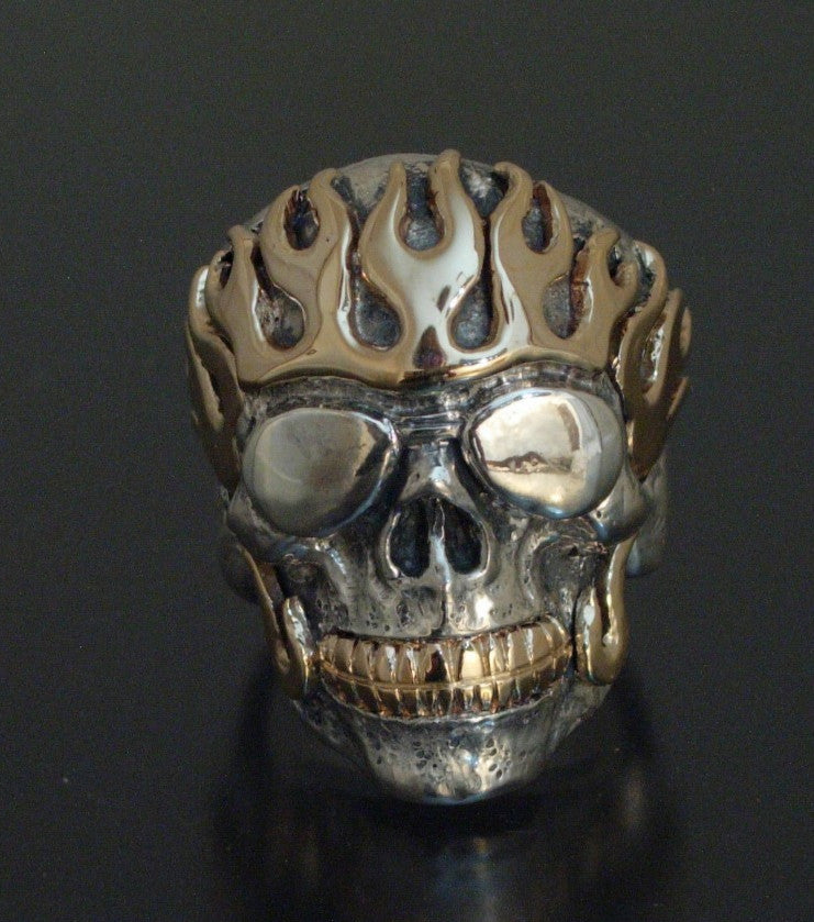 GIGANTIC SKULL WITH GOLD FLAMES HANDMADE 925  14K