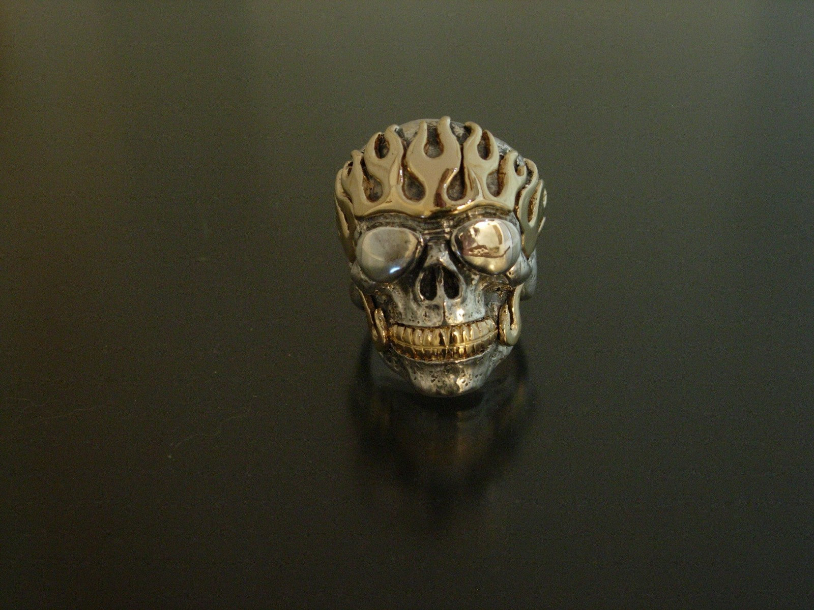 GIGANTIC SKULL WITH GOLD FLAMES HANDMADE 925  14K