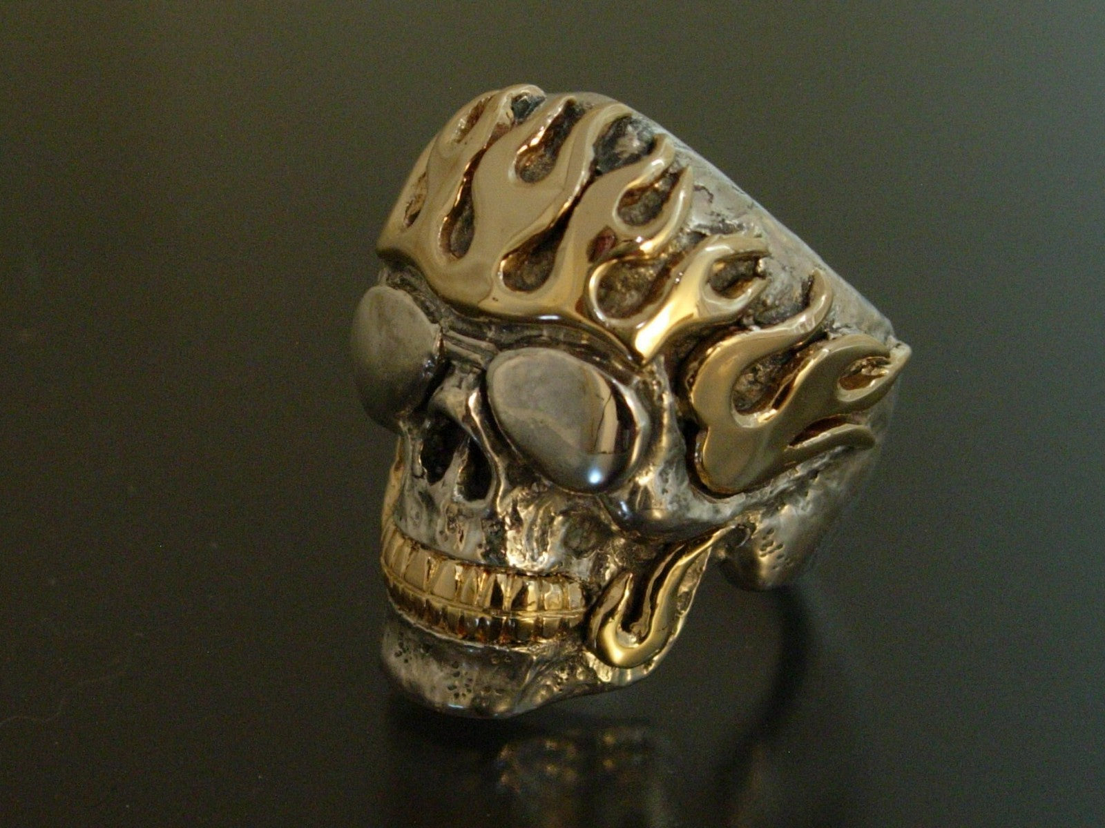 GIGANTIC SKULL WITH GOLD FLAMES HANDMADE 925  14K