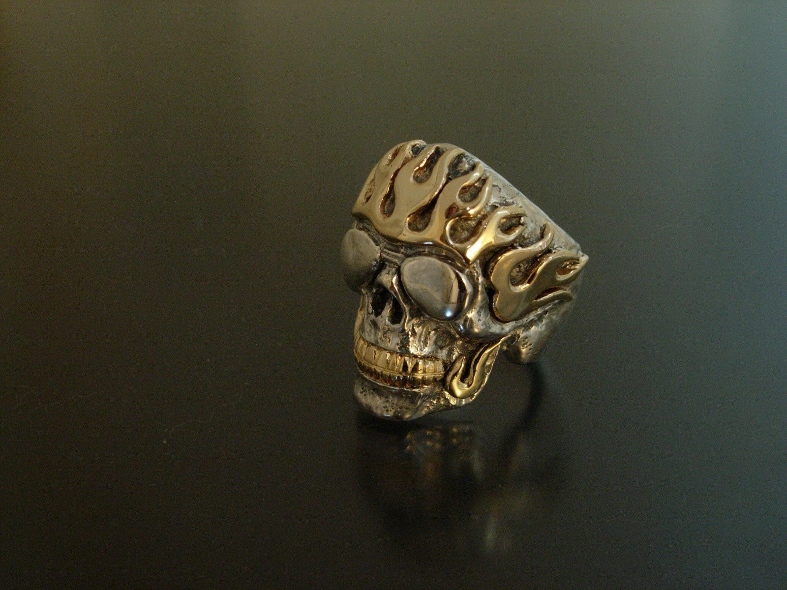 GIGANTIC SKULL WITH GOLD FLAMES HANDMADE 925  14K